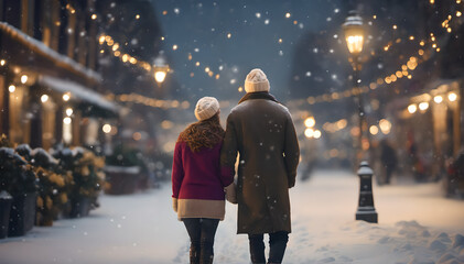 senior couple walking in the city in a winter night
