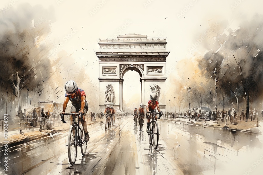 Wall mural cycling on the road through the streets of paris, france. olympic games in paris 2024.