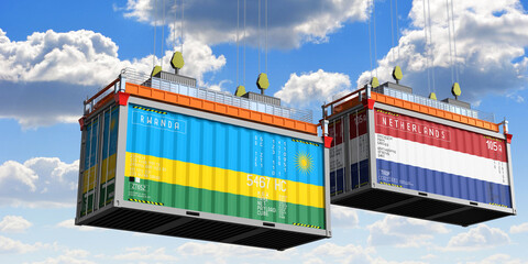 Shipping containers with flags of Rwanda and Netherlands - 3D illustration