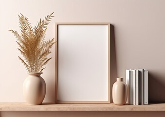 Picture Frame on Shelf Beside Vase With Plant