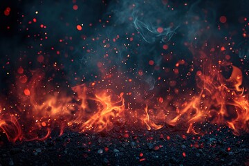 Background with fire sparks, embers and smoke. Overlay effect of burn coal, grill, hell or bonfire with flame glow, flying red sparkles and fog on black background, vector realistic poster - obrazy, fototapety, plakaty