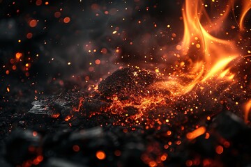 Background with fire sparks, embers and smoke. Overlay effect of burn coal, grill, hell or bonfire with flame glow, flying red sparkles and fog on black background, vector realistic border