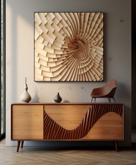 A wooden cabinet sits adjacent to a striking painting on the wall, creating an intriguing visual combination.