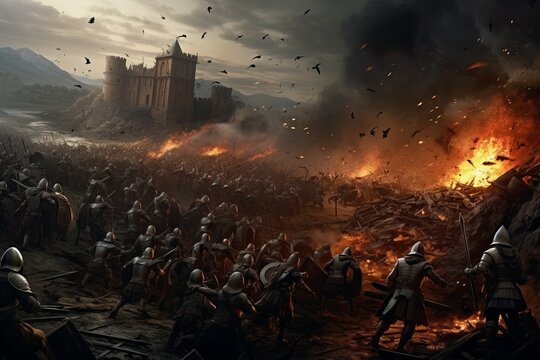 Fortified Medieval war castle. Gate battle. Generate Ai