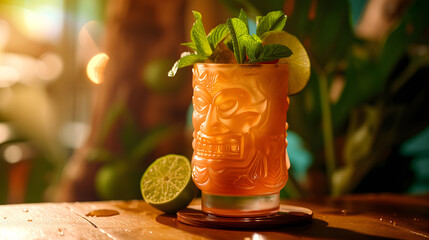 Tropical Mai Tai Cocktail - Exotic Polynesian Drink with Mint and Citrus Garnish