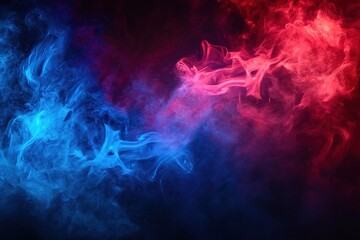 Blue vs red smoke effect black vector background. Abstract neon flame cloud with dust cold versus...