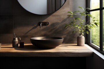 The photo showcases a modern bathroom featuring a round mirror and a sleek sink.