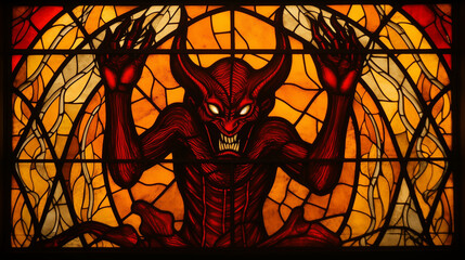 Stained glass window of a satanic church featuring the image of a red-horned demon with raised hands and a malicious smile showing fangs, with golden and orange light in the background - obrazy, fototapety, plakaty