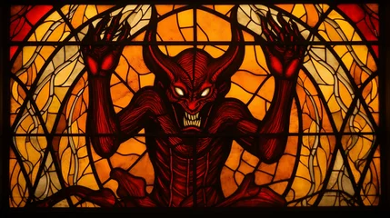 Fotobehang Stained glass window of a satanic church featuring the image of a red-horned demon with raised hands and a malicious smile showing fangs, with golden and orange light in the background © Domingo