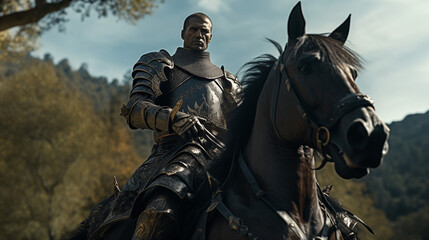 Dreadful medieval knight in metallic armor riding on a black horse, during the day with the background landscape of a forest with trees. View from below
