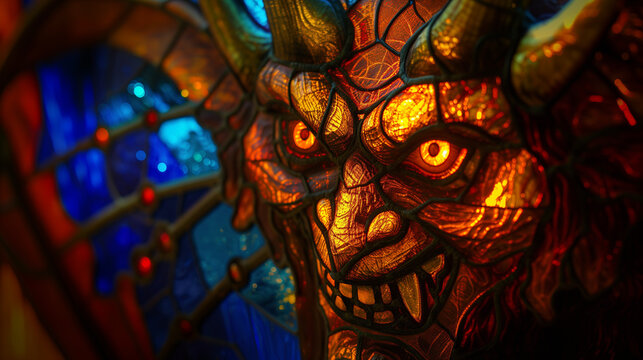 Face of the demon Lucifer in the stained glass windows of a satanic church or temple, with horns, pointed ears, and sharp teeth - dark symbol of evil, temptation, and sin with bright eyes