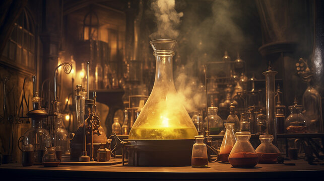 A mystical alchemy lab with glowing potions, vintage scientific equipment, and a magical atmosphere illuminated by the soft, golden light