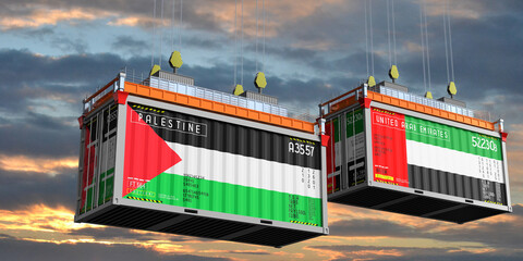 Shipping containers with flags of Palestine and United Arab Emirates - 3D illustration