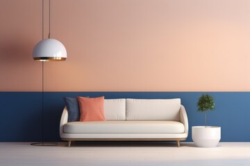 A living room featuring a white couch against a backdrop of blue and pink walls.