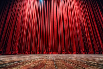 Closed red curtains on stage in theater