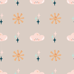 Cute bohemian baby seamless pattern with clouds, stars, sun. Vector pattern in boho style.