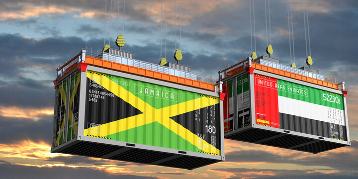 Shipping containers with flags of Jamaica and United Arab Emirates - 3D illustration