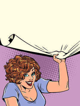 Announcement of upcoming events and activities on site. Distribution of promotions in a store or website. A woman pulls down a blank advertisement sheet. Pop Art Retro