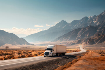 Semi truck transportation on scenic highway with mountain backdrop. Logistics and distribution.