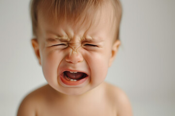 Crying infant expressing discomfort or hunger. Child emotion and care.