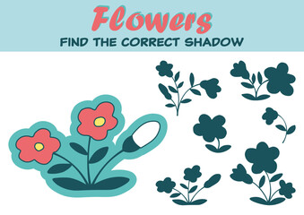 Spring shadow matching activity game for children. Simple educational game for kids with spring flowers. Find the correct silhouette. Printable vector worksheet for children