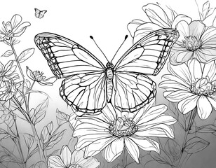 Croquis d'un papillon en noir et blanc 