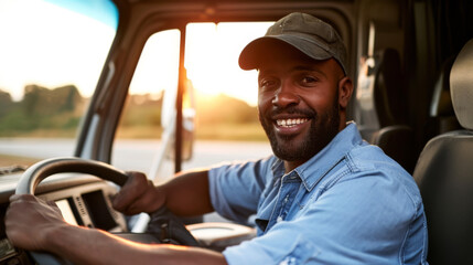 smiling bearded truck driver wearing a cap and a denim shirt is seated in the cab of a truck