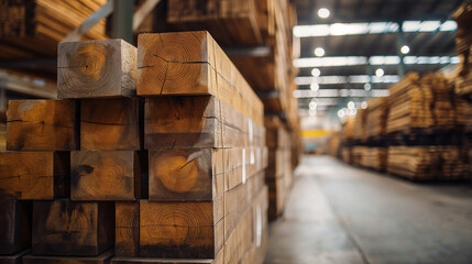 Stacks of Wooden Planks in a Warehouse