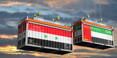 Shipping containers with flags of Syria and United Arab Emirates - 3D illustration