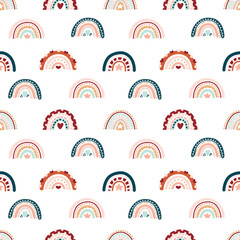 Cute bohemian baby seamless pattern with rainbows, clouds, stars. Vector pattern in boho style