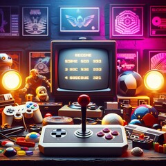 A joystick, high-score screen, and a shelf full of nostalgic gaming memorabilia, different lights, nostalgia, high quality, hd