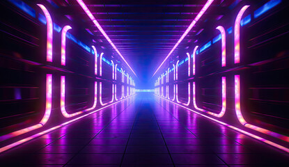 A Hallway With Neon Lights and a Long Corridor