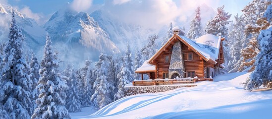 Snowy winter day in mountains, a cozy wooden chalet on a ski resort amidst pine forest, with a stone chimney, surrounded by snow-covered fir-trees.