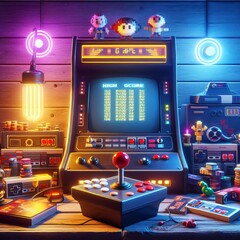 A joystick, high-score screen, and a shelf full of nostalgic gaming memorabilia, different lights, nostalgia, high quality, hd