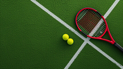 A tennis racket and ball on a green tennis court with white boundary lines.