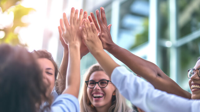 Business people, teamwork or high five of hands for support, success or solidarity of victory, synergy or winner. Happy group, collaboration or celebrate achievement of deal, integration or agreement