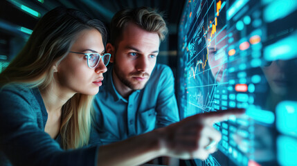 Stock market traders discuss trading charts, examine the growth of reports using a supercomputer, look at a holographic screen, analyze investment strategy and financial risks - obrazy, fototapety, plakaty