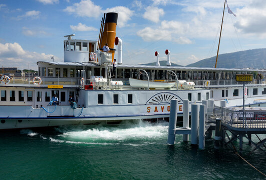 Geneva, Switzerland, Europe - Lake Geneva, Savoie historic cruise steamboat departing from Geneva Paquis pier in city center
