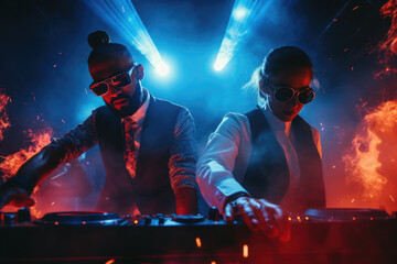 Two DJs stand in front of a brightly lit stage as they entertain the audience with their music.