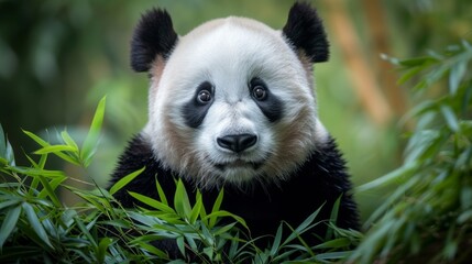 A fluffy giant panda lounges on lush bamboo shoots, its fur contrasting starkly with the greenery