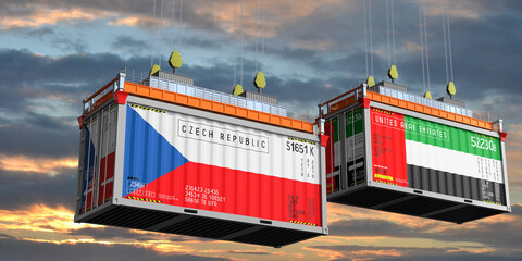Shipping containers with flags of Czech Republic and United Arab Emirates - 3D illustration