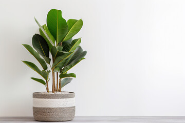 Houseplant in flowerpot on a table in front of light background with copy space