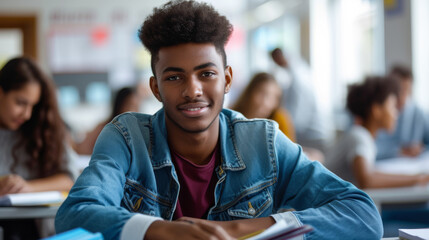A confident student wearing a denim jacket sits at a desk in a classroom, smiling directly at the camera with his classmates engaged in their studies around him.