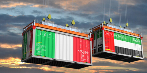 Shipping containers with flags of Italy and United Arab Emirates - 3D illustration