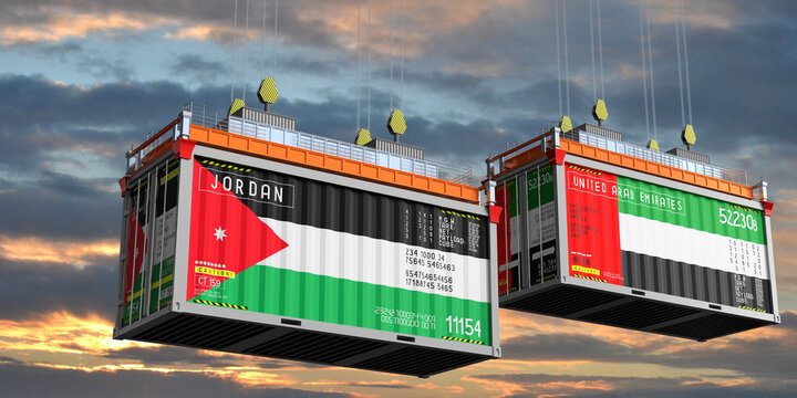 Shipping containers with flags of Jordan and United Arab Emirates - 3D illustration