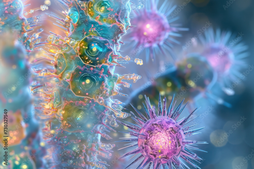 Wall mural Abstract colorful virus particles closeup with bokeh. Microbiology and healthcare.