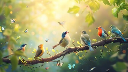 cute birds i with microphone on the tree singing songs.,spring concept