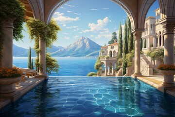 Mediterranean pool view. Greece resort. Generate Ai