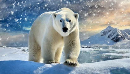 Fotobehang A polar bear in the Arctic, beautiful snowy nature, ice, cold © dmnkandsk