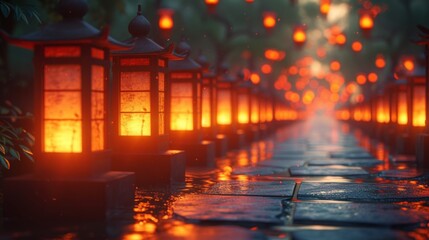 Rows of radiant lanterns illuminate the scene, exuding a warm and celebratory ambiance